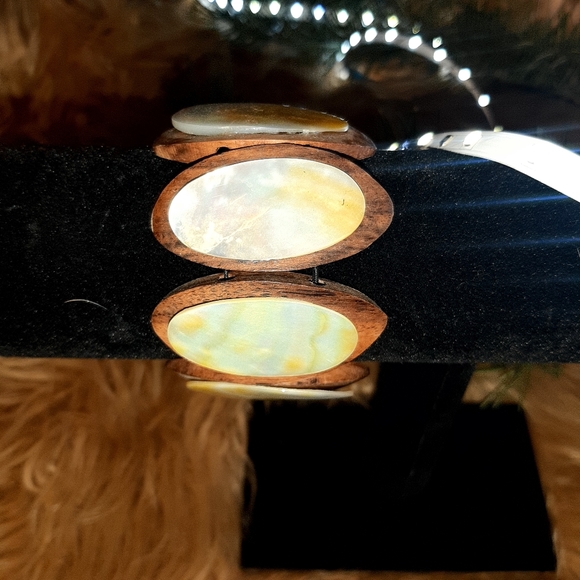 OVAL TEAKWOOD & ABALONE SHELL STRETCH BRACELET - Picture 1 of 8